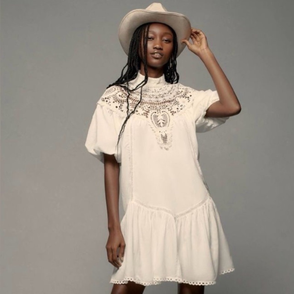 By Anthropologie High-Neck Lace Tunic Mini Dress White Size Medium